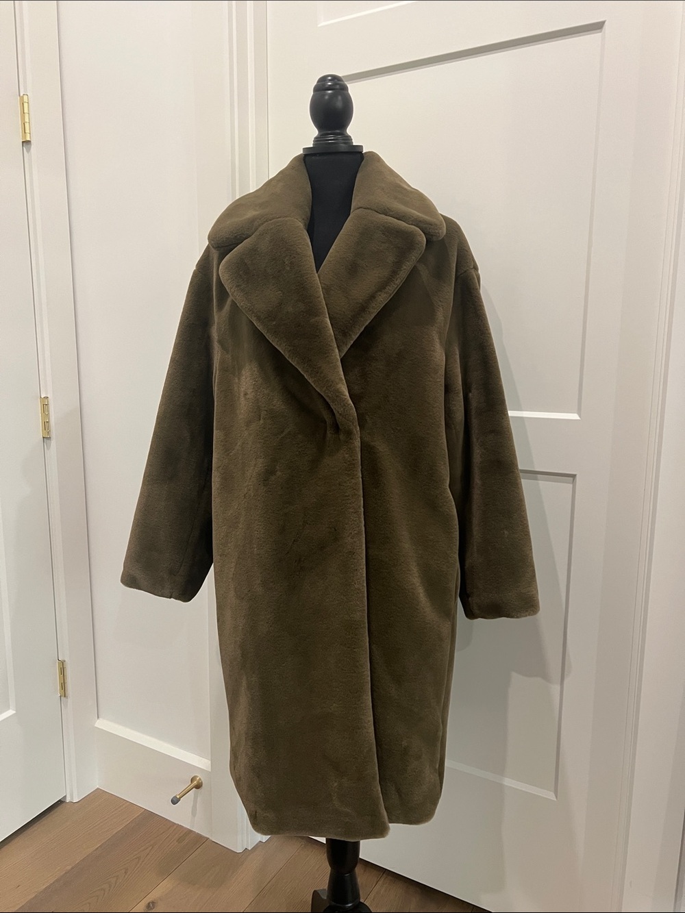 H&M Olive Faux Fur Long Coat - Women's Plush